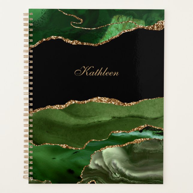 Agenda Preto Verde Moderno e Personalizar Agato Dourado (Frente)