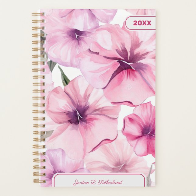 Agenda Pretty Watercolor Pink Floral Personalized Logo (Frente)