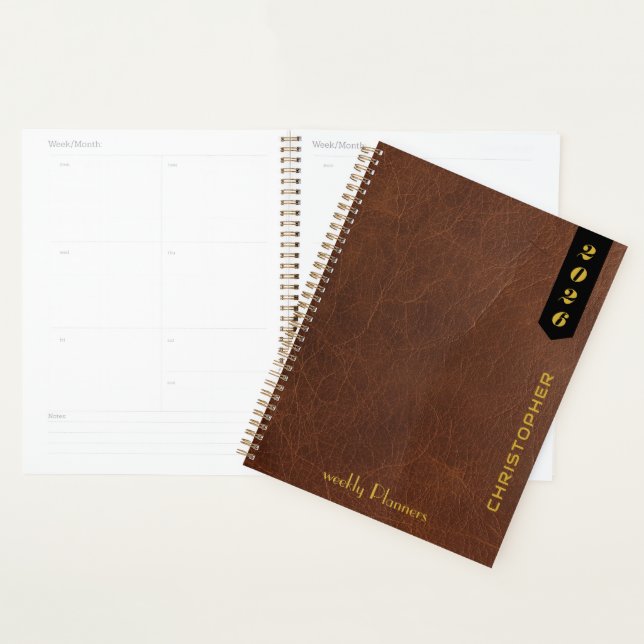 Agenda Professional Script on Brown Leather Pattern (Exibição)
