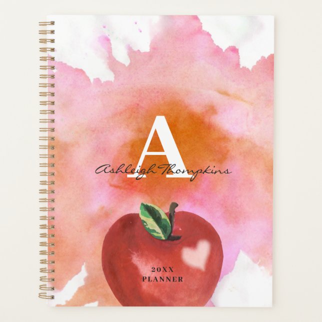 Agenda Professor Apple Heart Monogramas Nome Red Pink (Frente)