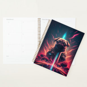 Agenda Pug Adorável com Fantasia de Robô Futurista
