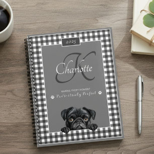 Agenda Pug Black White Gingham Nome Personalizado Monogra