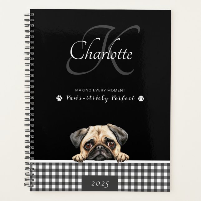 Agenda Pug Black White Xadrez Personalizar Monograma (Frente)