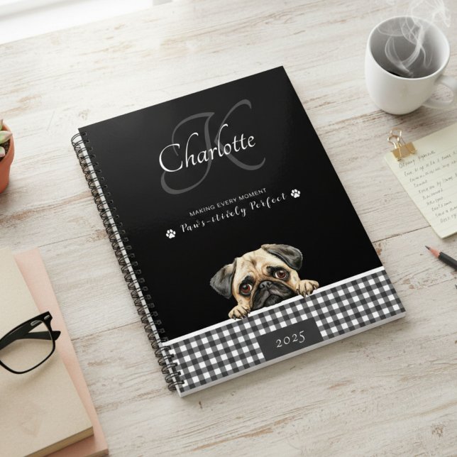 Agenda Pug Black White Xadrez Personalizar Monograma (Criador carregado)