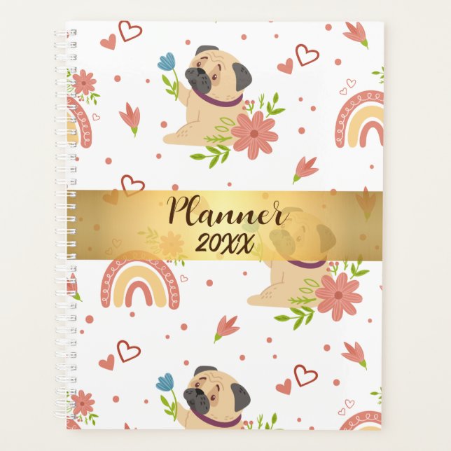 Agenda Pug com o Arco-íris Personalizado Planner (Frente)