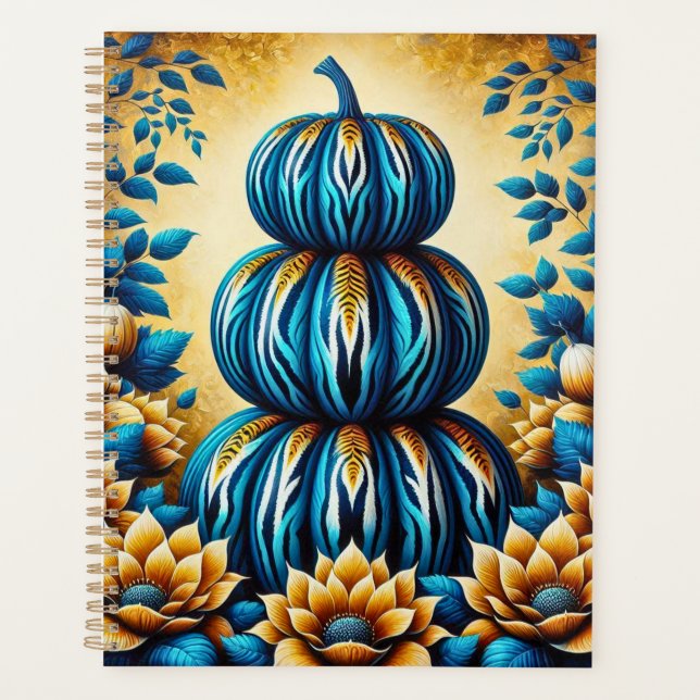 Agenda Pumpkin de Stripe de Tigre Azul e Dourado (Frente)
