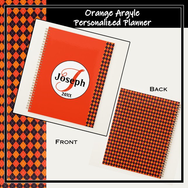 Agenda Pumpkin Orange Tangerine Black Argyle Monogramas (Shades of orange and black argyle planner to personalize.)