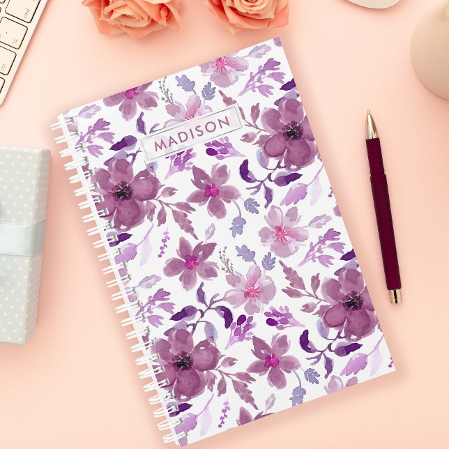 Agenda Purple Watercolor Floral Personalizado (Criador carregado)
