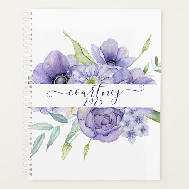 Agenda Púrpura aquarela floral personalizada, ano persona (Frente)