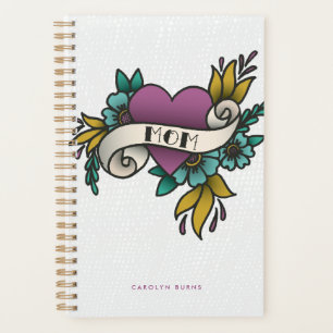 Agenda Púrpura e Teal Vintage Mãe Tatuagem Cardíaca
