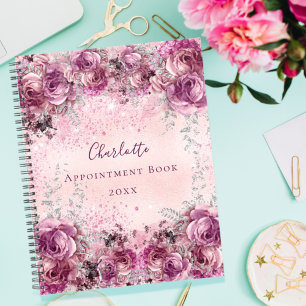 Agenda Púrpura rosa prata floral com o nome script 2022