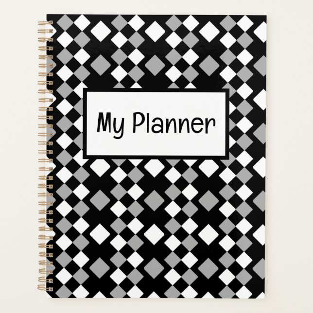 Agenda Quadrados brancos de cinzas pretas geométricos (Frente)