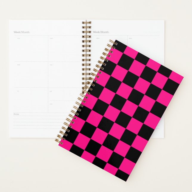 Agenda Quadrados verificados retro geométrico preto-rosa- (Exibição)