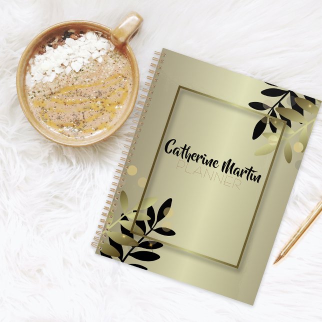 Agenda Quadro brilhante Dourado Elegante e Dourado Leafy (Criador carregado)