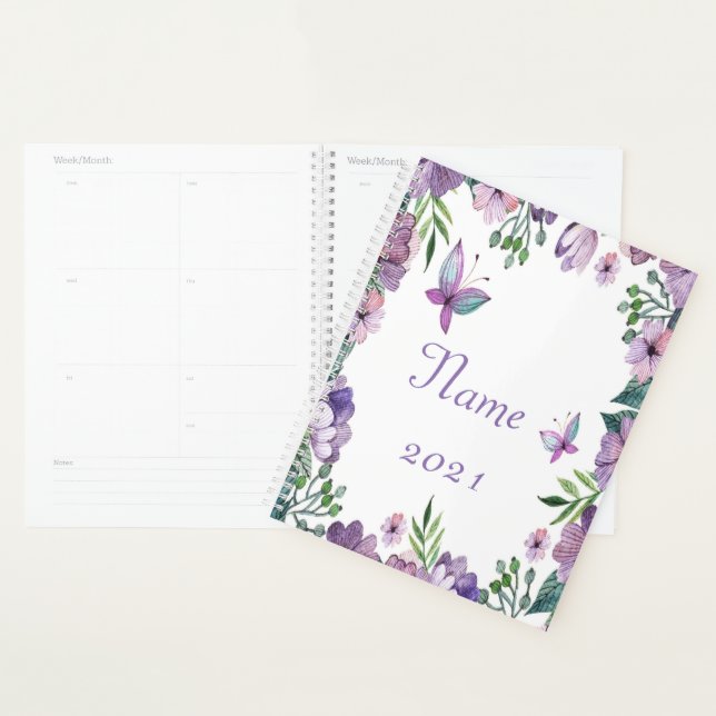 Agenda Quadro floral da borboleta roxa personalizada (Exibição)