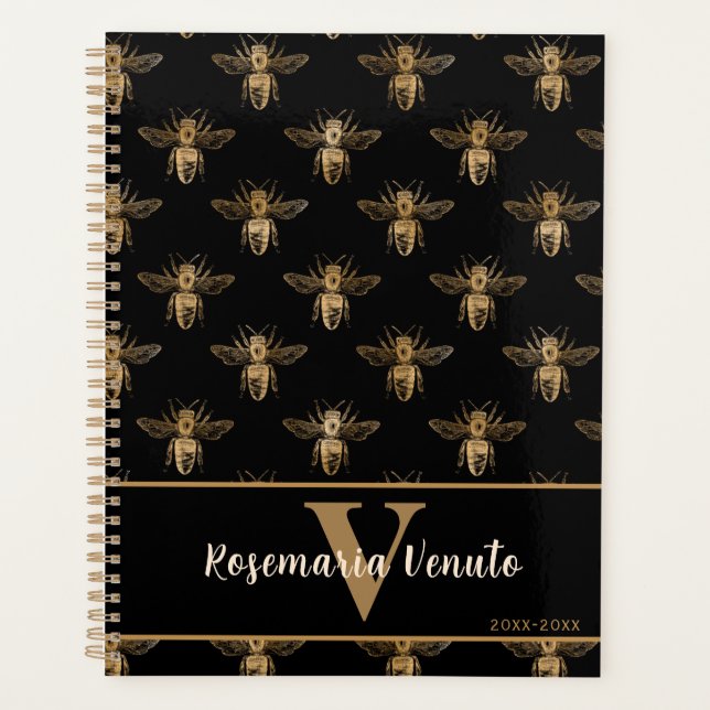 Agenda Queen Bee Black Dourado Pattern Design (Frente)