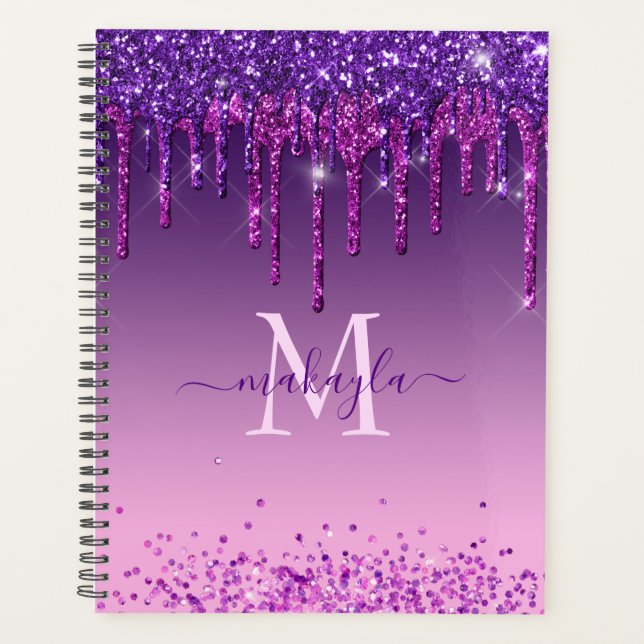 Agenda Quic Faux Dark Purple Glitter Drives Monograma Nom (Frente)