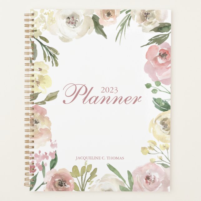 Agenda Quic Floral Cor-de-rosa Blush Ivory Personalizado  (Frente)