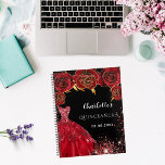 Agenda Quinceanera, flores pretas vermelhas, 2024<br><div class="desc">Um fundo na moda preto decorado com flores vermelhas,  faíscas e um vestido vermelho. Personalizar e adicionar nome,  idade e data.</div>