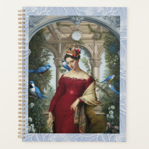 Agenda Rainha em vermelho com pássaros azuis