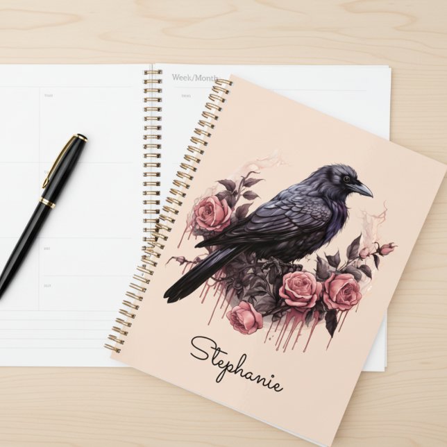 Agenda Raven Vintage Pink Floral Temperamental (Beautiful rose with raven daily planner)