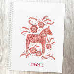 Agenda Red Swedish Dala Horse Personalizado<br><div class="desc">Um bonito e branco design de arte popular tradicional Dala Horse. Personalize-o alterando ou removendo o nome. Arte original de Nic Squirrell.</div>