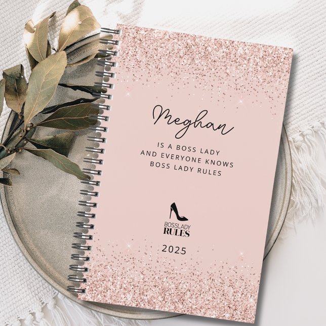 Agenda Regras de Dama do Chefe da Leve Personalizadas (Blush Glitter Boss Lady Rules Stiletto Logo Personalized Planner)