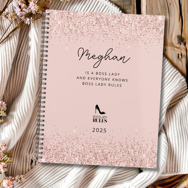 Agenda Regras de Dama do Chefe da Leve Personalizadas (Blush Glitter Boss Lady Rules Stiletto Logo Personalized Planner)