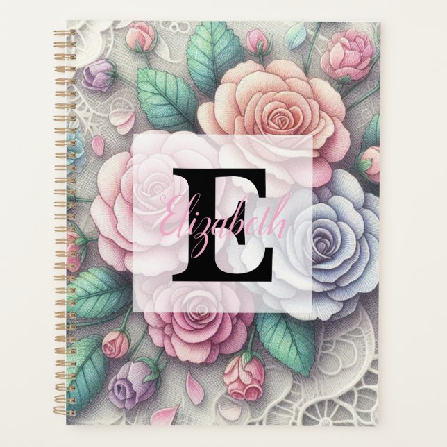 Agenda Rendas com flores monogramadas rosa roxo azul (Frente)