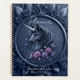 Agenda Retrato de Unicórnio Escuro em um Quadro Redondo