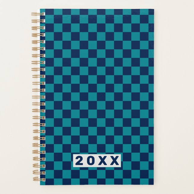 Agenda Retro Azul Xadrez Teal 2026 (Frente)