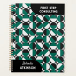 Agenda Retro-boho verde e preto do meio século<br><div class="desc">Planeador de nomes personalizado a preto e verde do retrô moderno do meio século.</div>