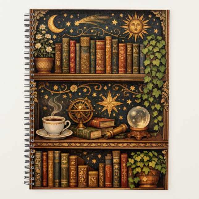 Agenda Retro celestial bookshelf book coffee lover (Frente)
