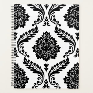 Agenda Rococo Damask Padrão Grande Preto no Branco