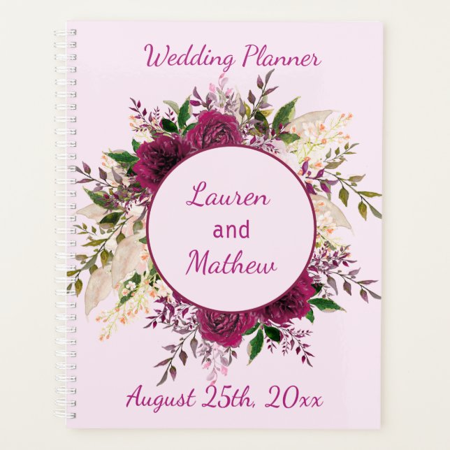 Agenda Romântica Plum Burgundy, Planner de Casamento Rosa (Frente)