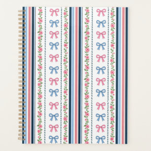 Agenda Rosa Azul Préppy Coquette Laços Florais Listras