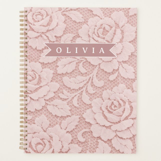 Agenda Rosa Bege Personalizado com Renda Floral Romântica (Frente)