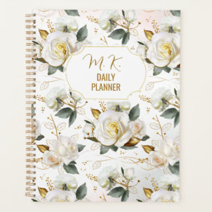 Agenda Rosa Branca Dourada Romântica Floral