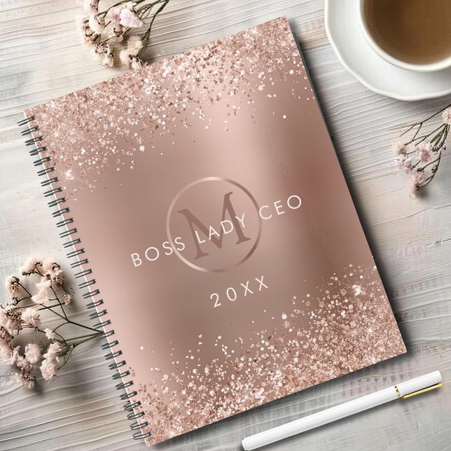 Agenda Rosa Dourada Glitter Boss Lady CEO Monograma (Rose Gold Glitter Boss Lady CEO Monogram Annual Planner)