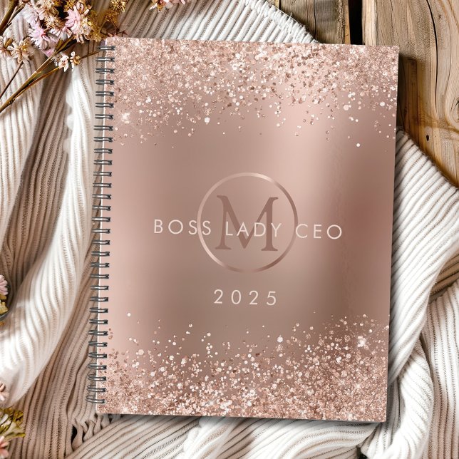 Agenda Rosa Dourada Glitter Monograma Chefe Lady 2025 (Rose Gold Glitter Monogram Boss Lady 2025 Planner)