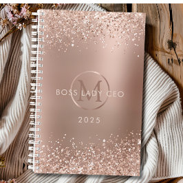 Agenda Rosa Dourada Glitter Monograma Chefe Lady 2025