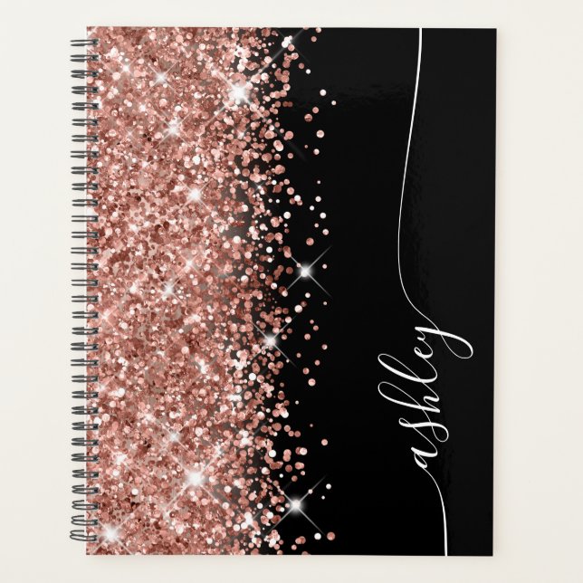 Agenda Rosa Dourado Brilhante Glam Preto Script Elegante (Frente)