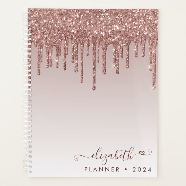 Agenda Rosa Dourado Glitter Drips Elegant Heart Script 20 (Frente)