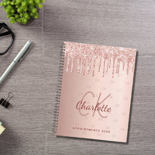 Agenda Rosa dourado glitter drips monograma script 2025