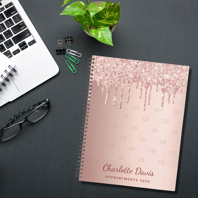 Agenda Rosa dourado glitter drips monograma script 2025 (Criador carregado)