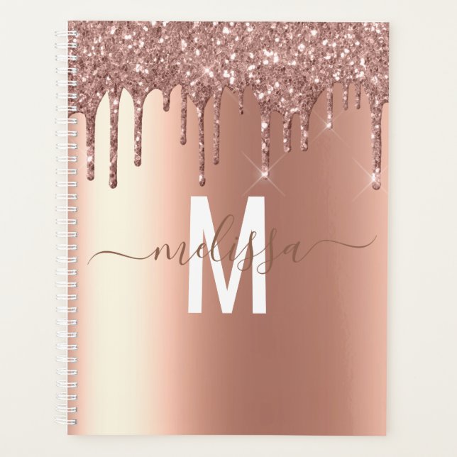 Agenda Rosa Dourado Glitter Monogramo Script manuscrito (Frente)