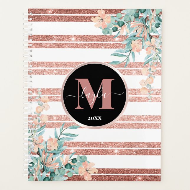 Agenda Rosa Dourado Lítio + Monograma Floral de Stripe Br (Frente)