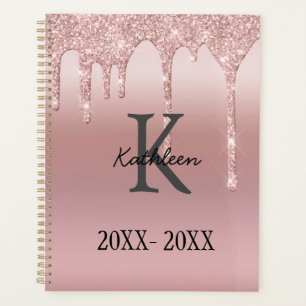 Agenda Rosa Dourado Monograma Brilho Gotejante Blush Rosa
