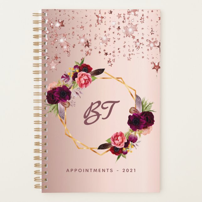 Agenda Rosa dourado pincel floral estrelas monograma (Frente)