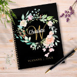 Agenda Rosa Floral Script Monograma Preto Dourado 2023<br><div class="desc">Bonito planificador do monograma 2023,  com um belo nome de script branco com uma inicial de ouro elogiante que é moldada por uma delicada camada de rosa floral de aquarela em fundo preto. Projetado por Thisnotme©</div>